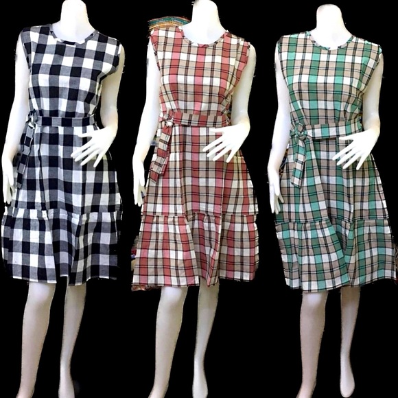 Polished neutral plaid A-line statement dress with a removable self-tie belt. - Picture 8 of 11